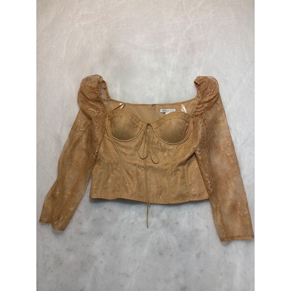 Chelsea & Violet NWT Tan Floral Lace Corset Puff Sleeve Top Sz 10 Square Neck